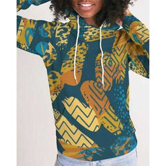 Womens Hoodies, Blue and Gold Multiprint Style Hooded Shirt Shirt