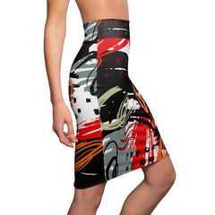 Womens Pencil Skirt, Black Red and Gray Abstract Style