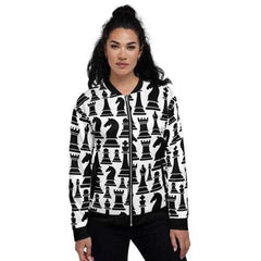 Womens Jackets, Black and White Chess Style Bomber Jacket