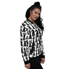 Womens Jackets, Black and White Chess Style Bomber Jacket