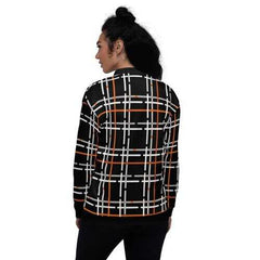 Womens Jackets, Black and Orange Tartan Style Bomber Jacket