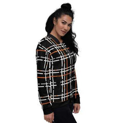 Womens Jackets, Black and Orange Tartan Style Bomber Jacket