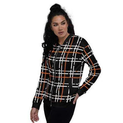 Womens Jackets, Black and Orange Tartan Style Bomber Jacket