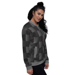 Womens Jackets, Black and Gray 3D Square Style Bomber Jacket