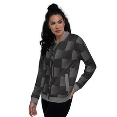 Womens Jackets, Black and Gray 3D Square Style Bomber Jacket