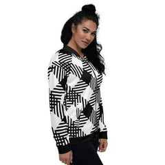 Womens Jackets, Black and White Cross-Hatch Style Bomber Jacket