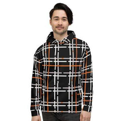 Mens Hoodies, Black and Orange Tartan Style Hooded Shirt