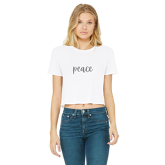 Peach Marble Hello Peace Graphic Style Classic Womens Cropped Raw Edge T-Shirt