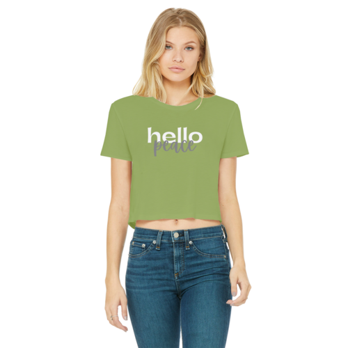 Peach Marble Hello Peace Graphic Style Classic Womens Cropped Raw Edge T-Shirt