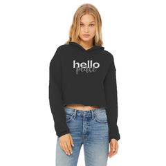 Peach Marble Hello Peace Graphic Style Ladies Cropped Raw Edge Hoodie