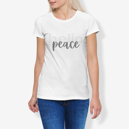 Womens T-Shirts, Hello Peace Graphic Text Style Cotton Stretch Crewneck Shirt