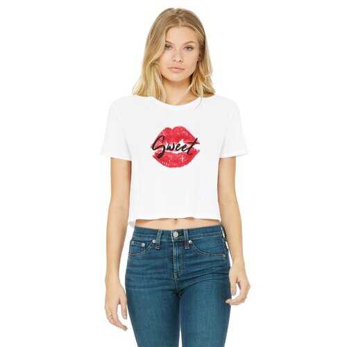 Sweet Kiss Red Lipstick Black Graphic Text Style Women's Classic Cropped Raw Edge T-Shirt