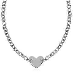 Sterling Silver Rhodium Plated Chain Bracelet with a Flat Heart Motif Station, size 18''