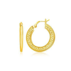 14k Yellow Gold Greek Key Medium Hoop Earrings with Flat Sides