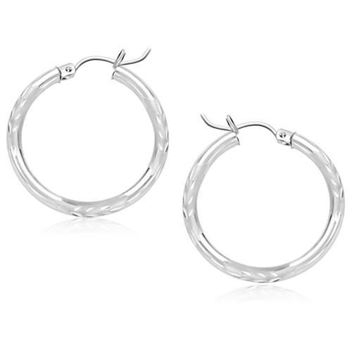 14k White Gold Diamond Cut Hoop Earrings (25 mm)