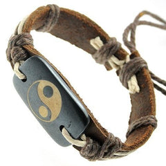 Ying Yang on Rectangular Bone ID Brown Leather Bracelet