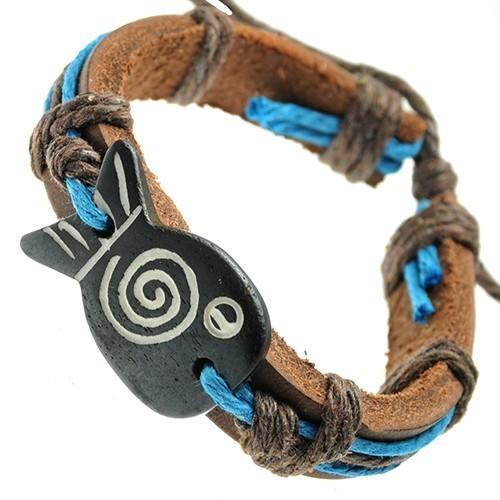 Blue String and Bone Fish ID Leather Bracelet