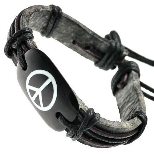 Peace Sign on Bone ID Leather Bracelet