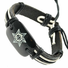 Black and White Leather Bracelet with Sun on Bone ID