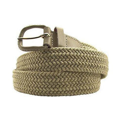 Braided Elastic Stretch Belt Leather Covered Buckle Beige Color