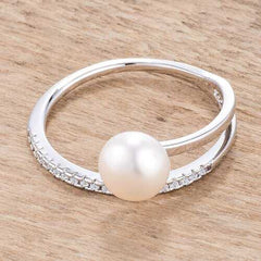 .15Ct Rhodium Plated Freshwater Pearl Ring With CZ Micro Pave Band