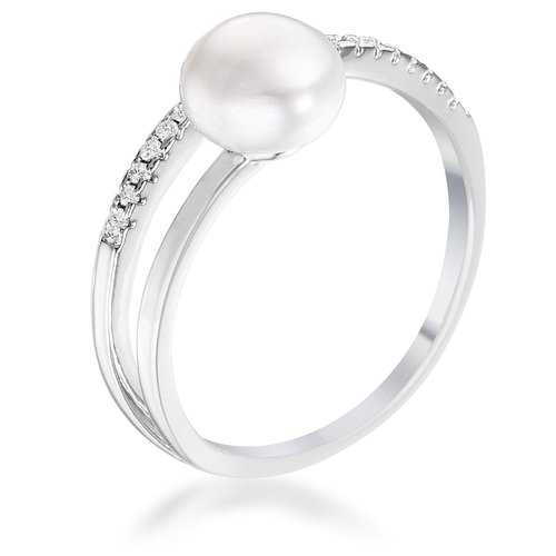 .15Ct Rhodium Plated Freshwater Pearl Ring With CZ Micro Pave Band