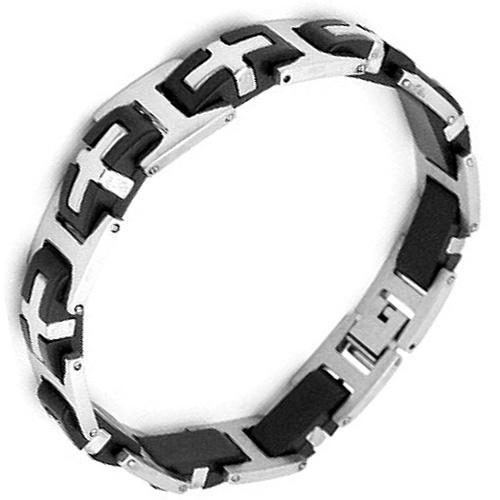 Stainless Steel And Black Rubber Link Bracelet With Steel Cross Design