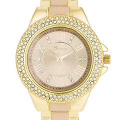 Gold Metal Cuff Watch With Crystals - Beige