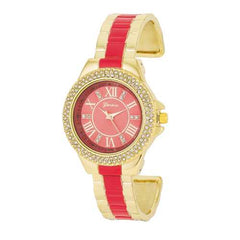 Gold Metal Cuff Watch With Crystals - Coral